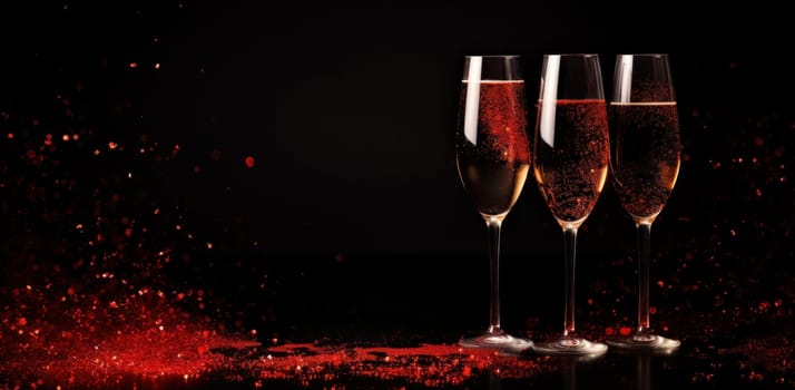 a pair of champagne glasses on a red night background.