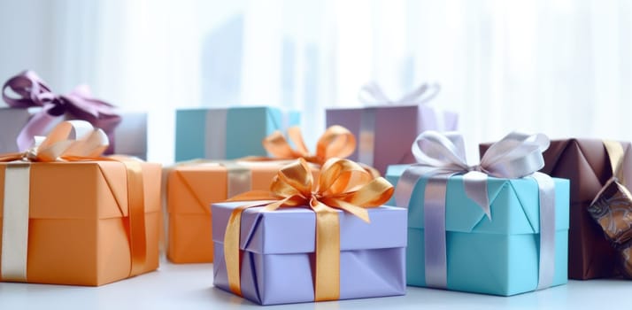 colorful gift boxes laid out on a silver background.