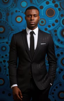 businessman from port harcourt, nigeria, standing in black suit and blue tie,.