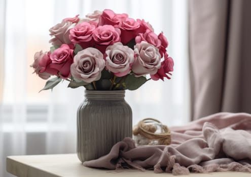 a bouquet of pink roses in a vase,.
