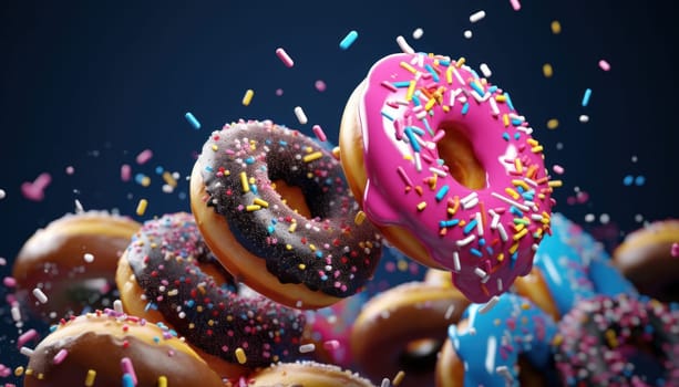 colorful sprinkled donuts are flying in the air.