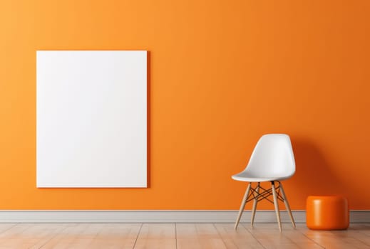 an orange chair and wooden table next to a blank canvas.