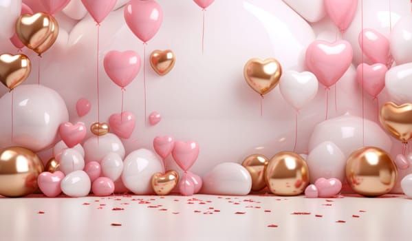 a background with balloons, gold hearts and pink decorations.