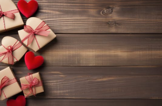hearts, bows, and valentine boxes on a wooden background.