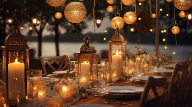 dining and wedding space with many lanterns.