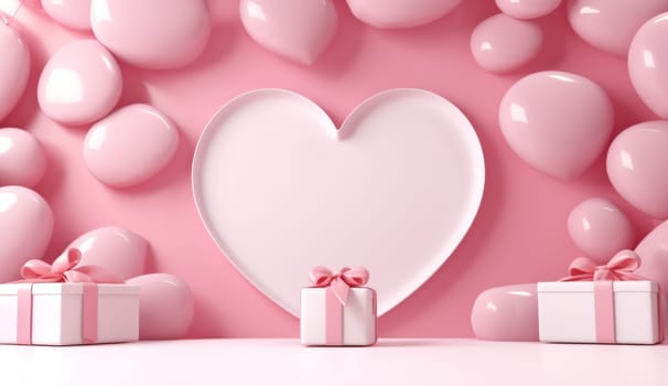 pink background with heart shape on it and gifts.