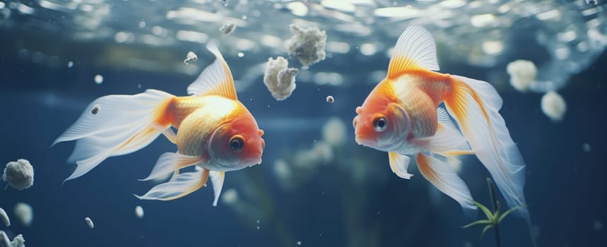 two goldfish in an aquarium swimming in circles.