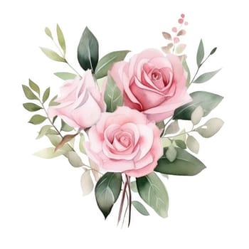 Watercolor pink rose flower and leaf bouquet clipart isolated.