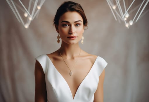 woman in a white dress with a necklace, posing for a portrait.