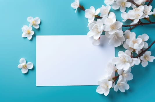 white invitations cards with flowers on a blue table.