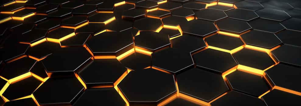 geometric hexagons and golden lights on a grey background.