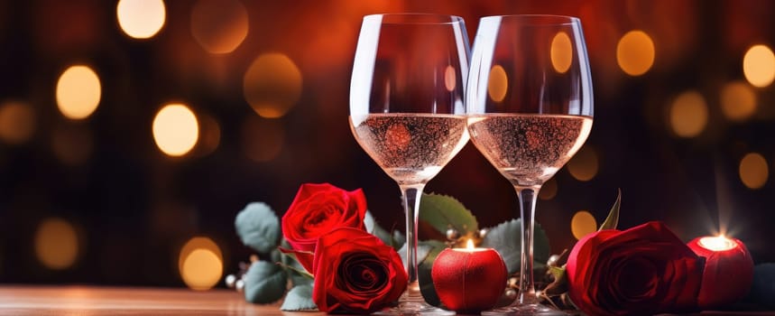 wine glasses and a red rose set on the table.