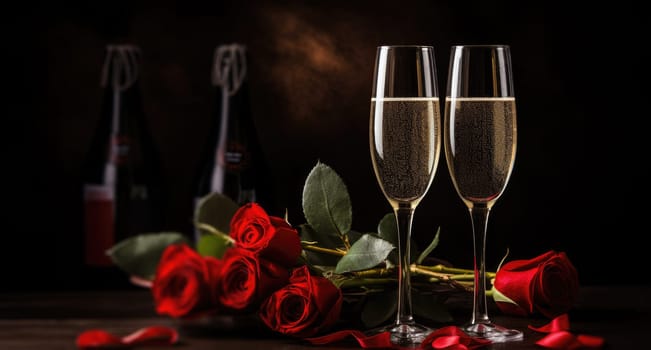 two champagne glasses and a red rose with a valentine's.