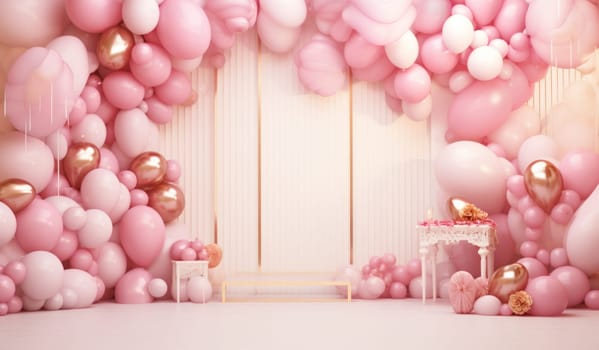 a background with balloons, gold hearts and pink decorations.