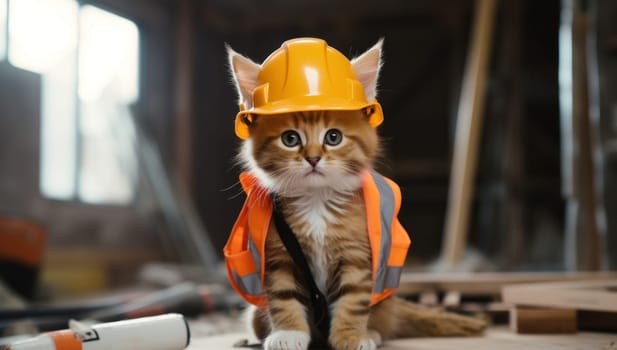 kitten wearing helmet for work.