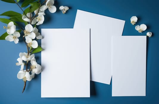 two white blank wedding cards on a blue background.