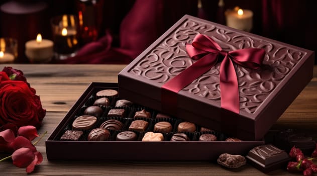 a box filled with chocolates and a ribbon.