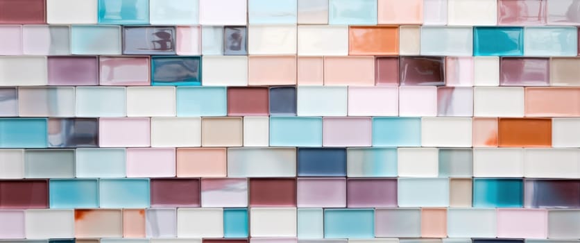 a white, pale, pink, orange, brown, yellow and rose colored wall of tiles.