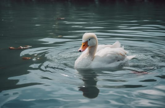 a white duck floating on the water.