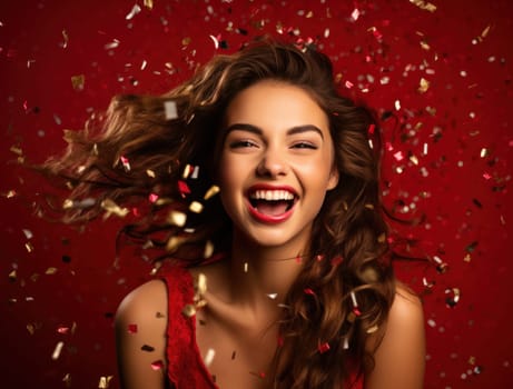 attractive young woman smiling with confetti in her hair against red background.