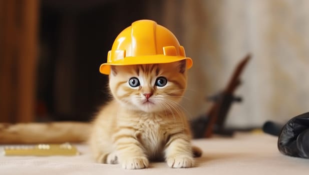 cute kitten in construction safety hat.