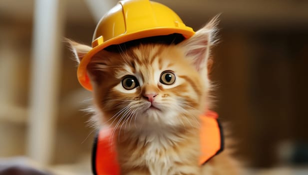 kitten wearing helmet for work.