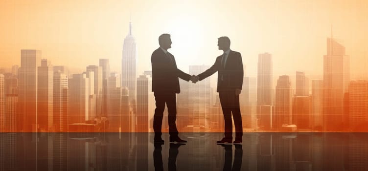 people shake hands in silhouette with city background.