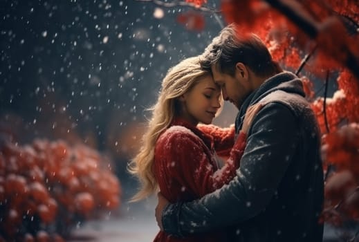 a man and woman hugging in the snow outside in an autumn park hug.