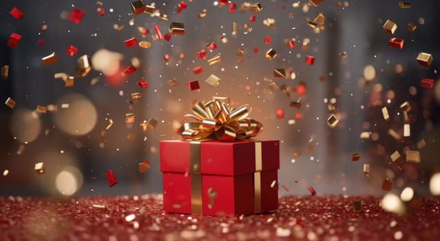red gift with gold confetti in the air.