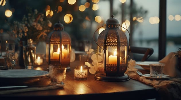table setting in a restaurant with lanterns and candles.
