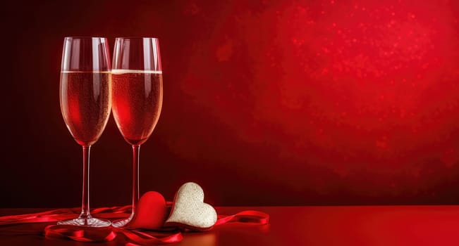 two glasses of champagne and a heart are on red background.