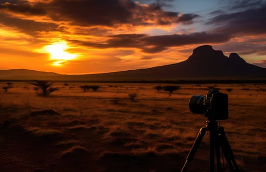 the dark horizon of kenya peaks in the middle of the sunset.