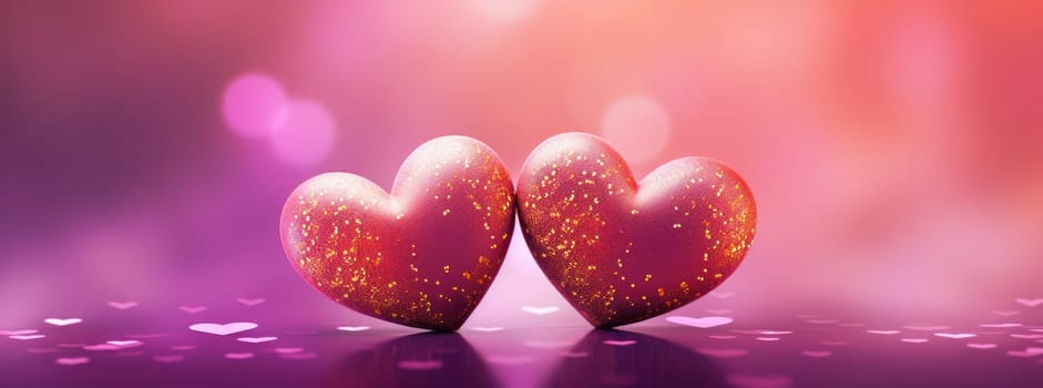 two red hearts are sitting on top of a purple abstract background.