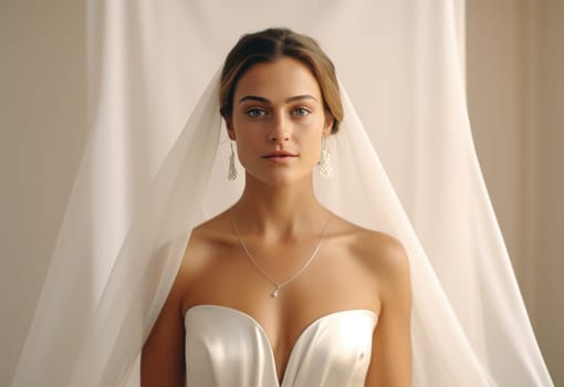woman in a white dress with a necklace, posing for a portrait.