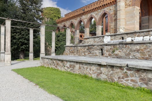 Kamieniec Zabkowicki, Poland - October 2, 2021: Kamieniec Zabkowicki Palace, 19th-century palace located in a village in the Lower Silesian Voivodeship. Fragment of the wall surrounding the building