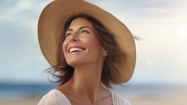 Portrait from woman with straw hat on beach on a sunny day. artificial art