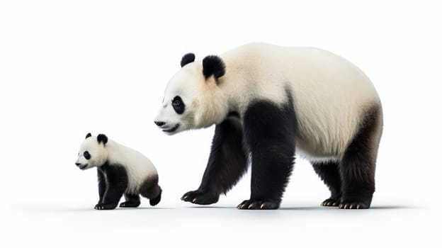 Sideview of Panda Bear Family isolated on white background. artificial art