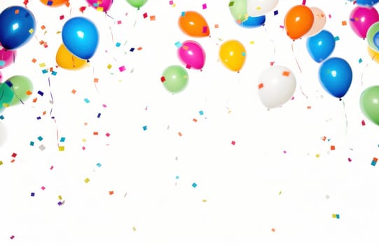 colorful multi color confetti balloons floating over white background.