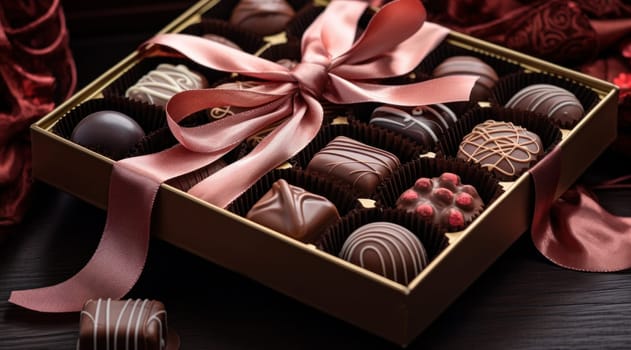 a box filled with chocolates and a ribbon.