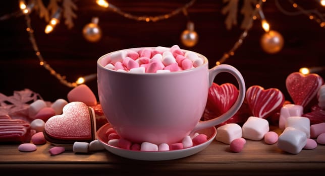 a cup of mug with marshmallows and candy.