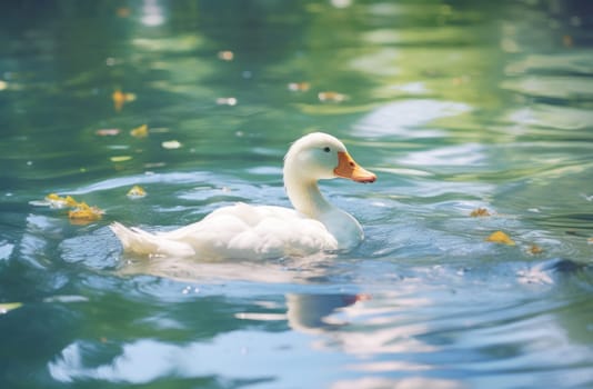 a white duck floating on the water.