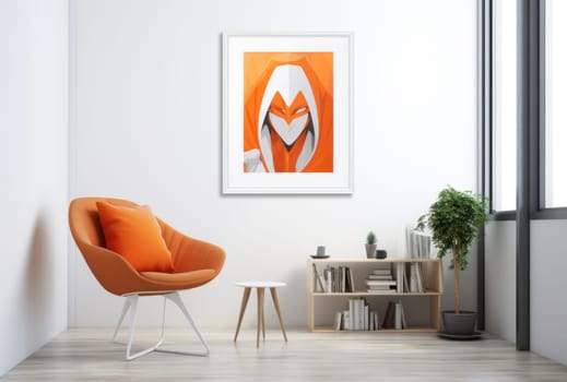 an orange chair and wooden table next to a blank canvas.