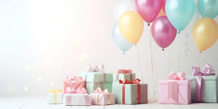 colorful balloons and birthday gift on a white table,.