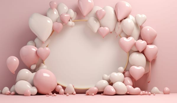 large balloons, heart frame, champagne, frame and golden paper hearts.