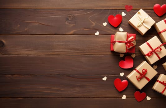 hearts, bows, and valentine boxes on a wooden background.