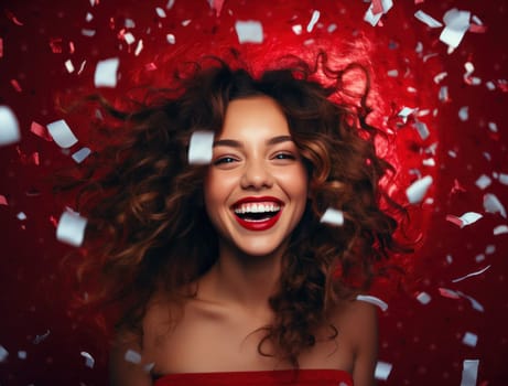 attractive young woman smiling with confetti in her hair against red background.
