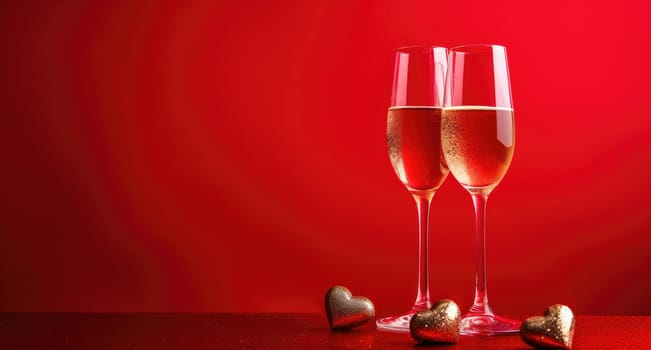 two glasses of champagne and a heart are on red background.