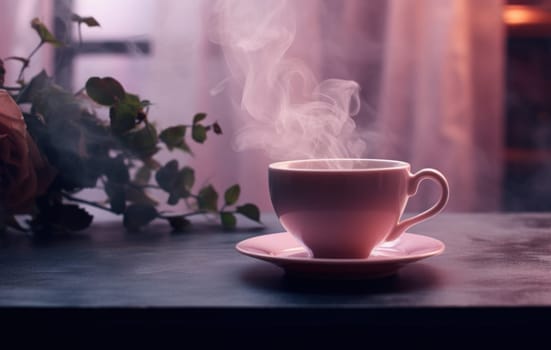 a pink cup on the table next to steam.