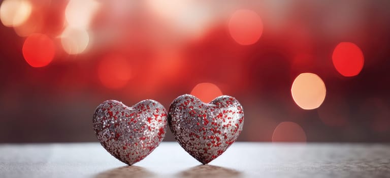 red heart balloons falling against a red backdrop.