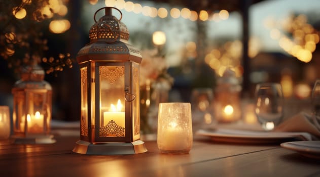 dining and wedding space with many lanterns.